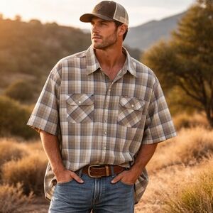 Wrangler Cotton Blend Multicolor Plaid Short Sleeve Button-Up Shirt Mens Western